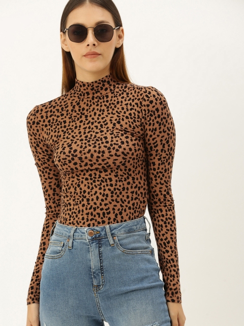 

FOREVER 21 Women Brown & Black Animal Print Bodysuit