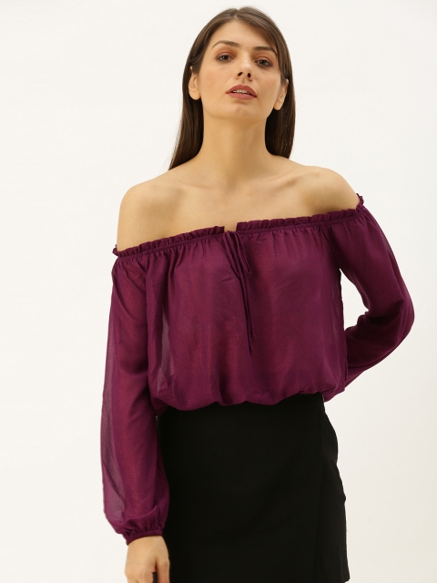 

FOREVER 21 Women Purple Solid Tie-Up Bardot Top