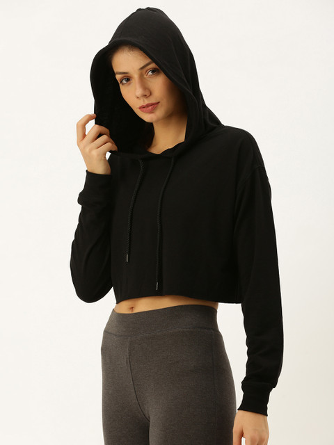 

FOREVER 21 Women Black Solid Hooded Crop Boxy Top