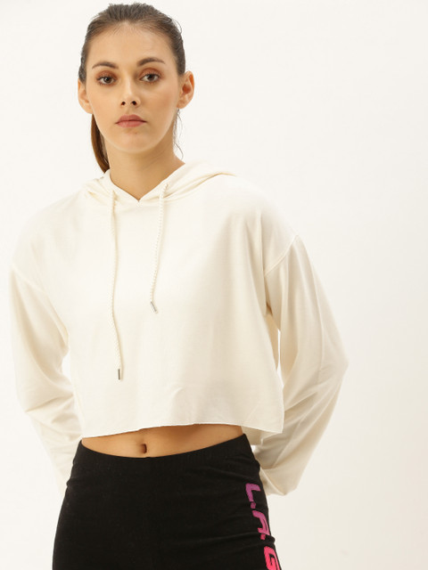 

FOREVER 21 Women Off-White Solid Knitted Hooded Crop Sweatshirt