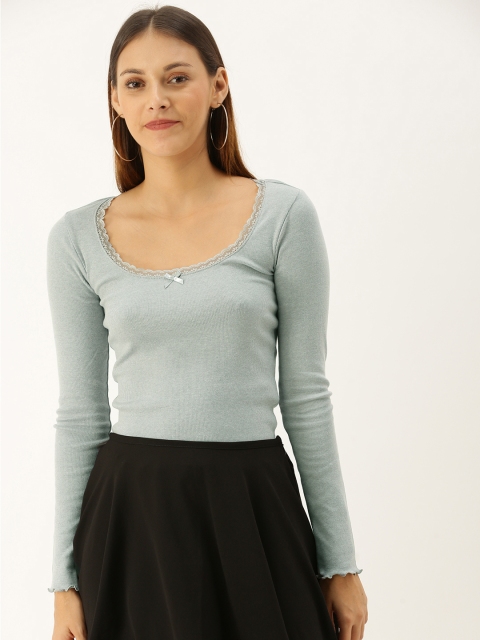 

FOREVER 21 Women Grey Ribbed Lettuce Edge Top with Lace Inserts