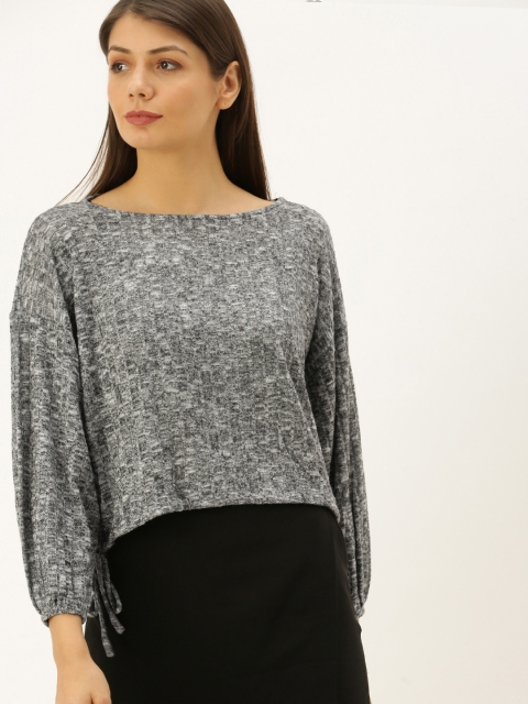 

FOREVER 21 Women Grey Melange Ribbed Boxy Top with Waist Tie-Up