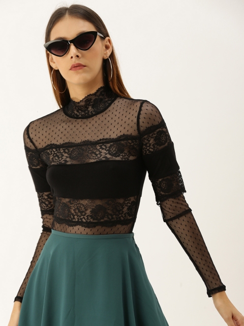 

FOREVER 21 Women Black Solid Lace Bodysuit