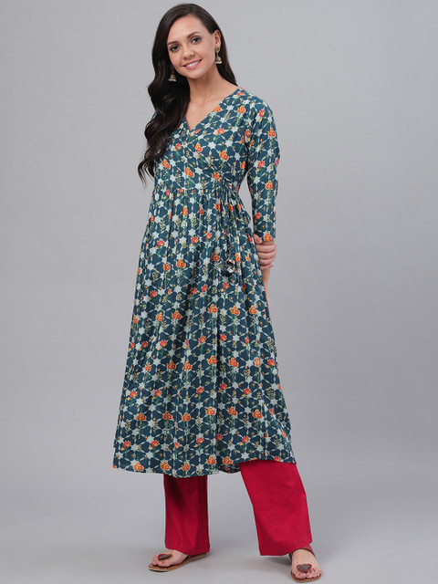

SIAH Women Teal Green & Orange Floral Printed Angrakha Anarkali Kurta