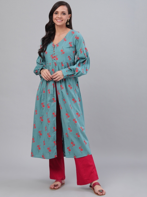 

SIAH Women Teal Blue & Coral Pink Floral Print Front-Slit A-Line Kurta