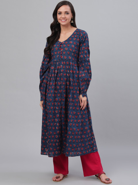 

SIAH Women Navy Blue & Maroon Floral Print Front-Slit A-Line Kurta