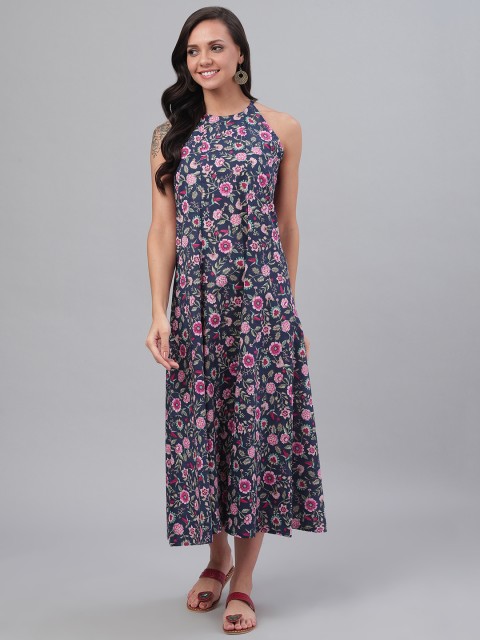 

SIAH Women Navy Blue & Pink Floral Printed A-Line Dress