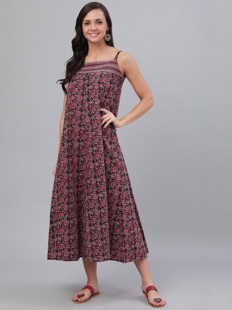 

SIAH Women Black & Red Ethnic Printed A-Line Dress