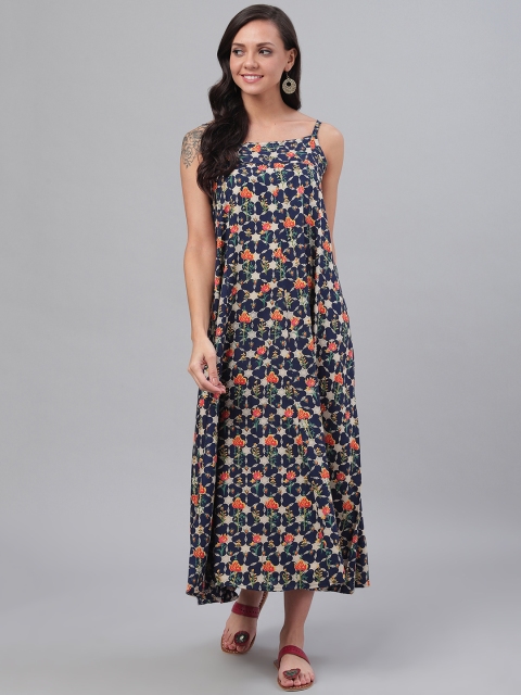 

SIAH Women Navy Blue & Orange Floral Printed A-Line Dress