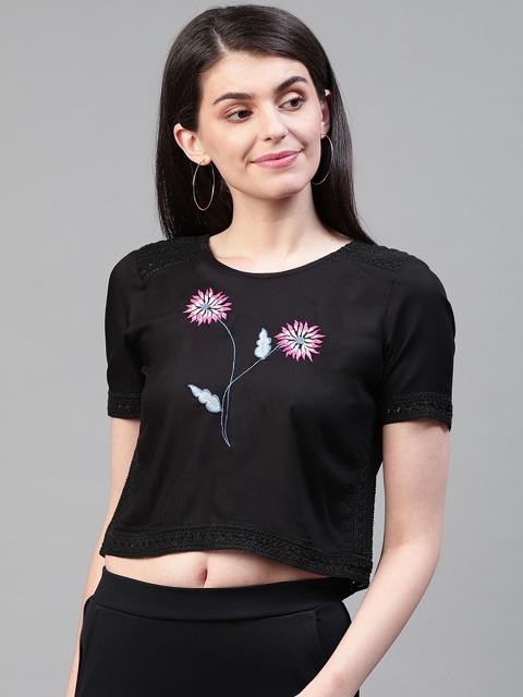 

SCOUP Women Black & Pink Floral Embroidered Crop Top