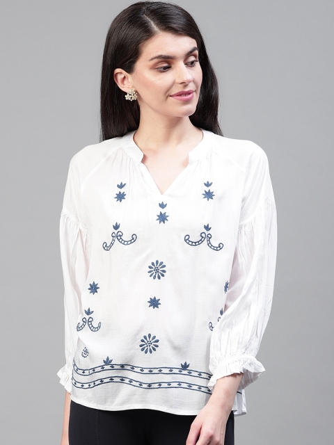 

SCOUP Women White & Navy Blue Embroidered Dobby Weaved Top