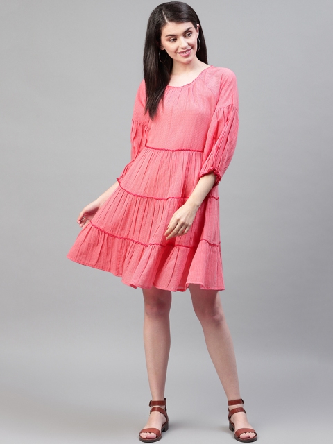 

SCOUP Women Coral Red Self-Striped Tiered A-Line Dress