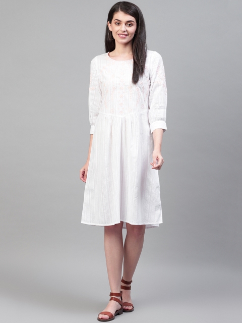 

SCOUP Women White Striped A-Line Dress