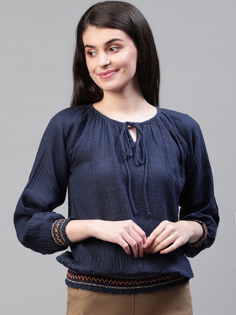 

SCOUP Women Navy Blue Hand-Smocked Crinkled Solid Blouson Top