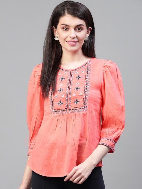

SCOUP Women Coral Pink Puff Sleeves Embroidered Top
