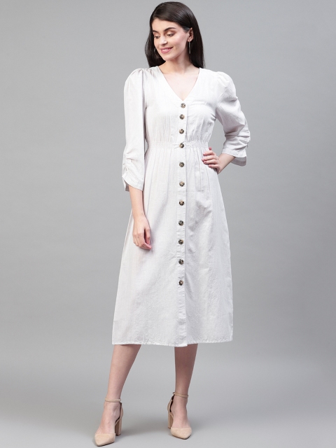 

SCOUP Women White Smocked Self-Striped A-Line Dress