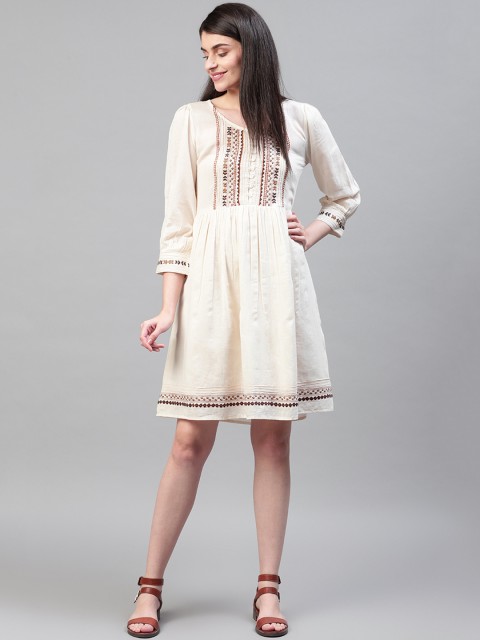 

SCOUP Women Cream-Coloured & Peach-Coloured Embroidered A-Line Dress