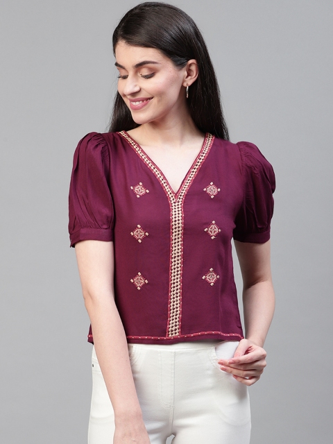 

SCOUP Women Burgundy & Cream-Coloured Embroidered Top