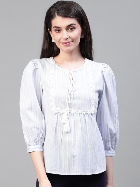 

SCOUP Women Blue & White Striped Dobby Weaved Pure Cotton Top