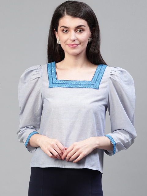 

SCOUP Women Blue Puff Sleeves Solid Pure Cotton Top