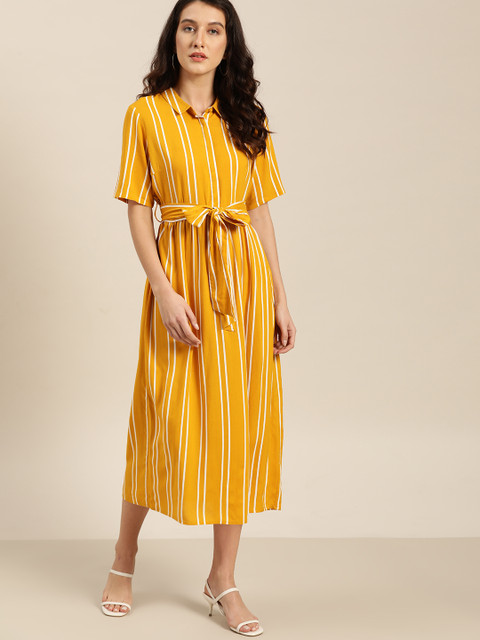 

her by invictus Women Mustard Yellow & White Striped Shirt Dress