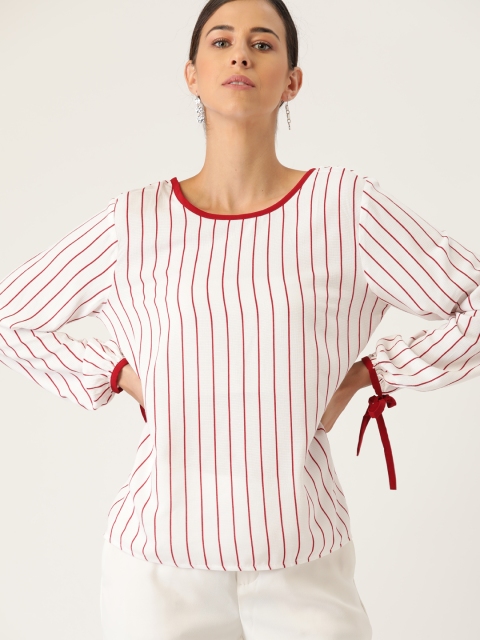 

her by invictus Women White & Red Striped Puff Sleeve Regular Top
