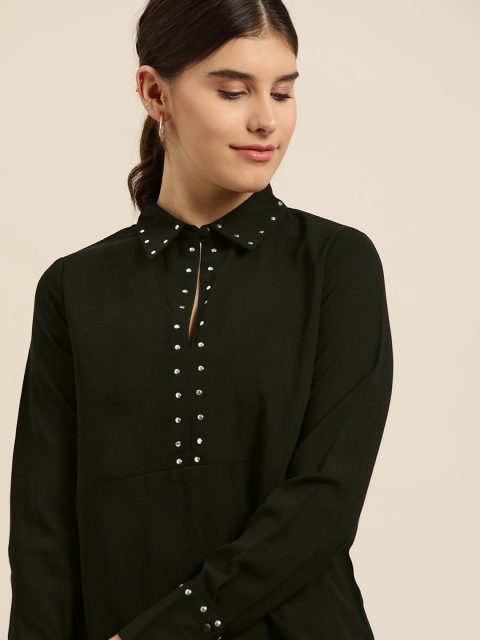 

her by invictus Women Black Shirt Collar Studded Top