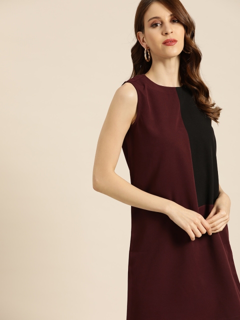 

her by invictus Women Burgundy & Black Colourblocked Shift Dress