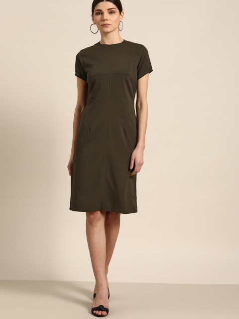 

her by invictus Women Olive Green Solid Sheath Dress