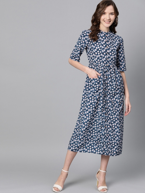 

Mast & Harbour Women Navy Blue & White Floral Print A-Line Sustainable Dress