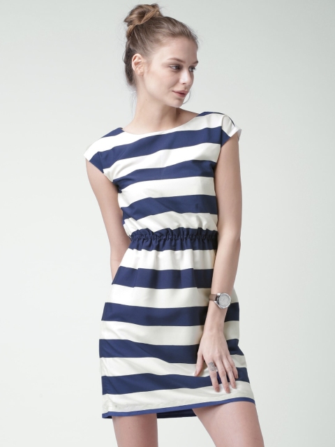 

Mast & Harbour Women Off-White & Navy Blue Striped A-Line Dress
