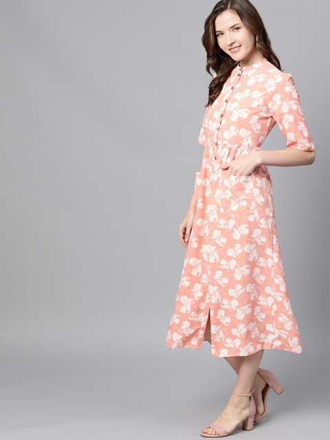 

Mast & Harbour Women Peach-Coloured & Off-White Floral Print A-Line Sustainable Dress