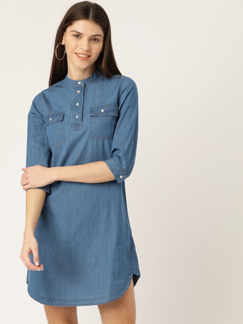 

Mast & Harbour Women Blue Solid Chambray A-Line Dress