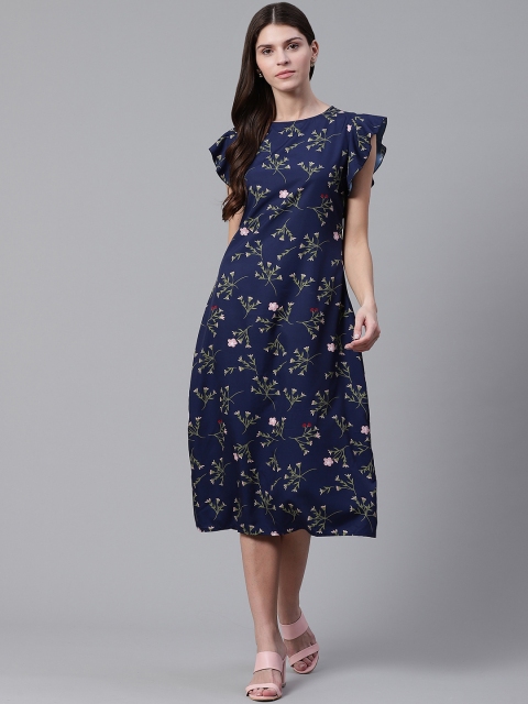 

Mast & Harbour Women Navy Blue & Green Floral Printed A-Line Dress