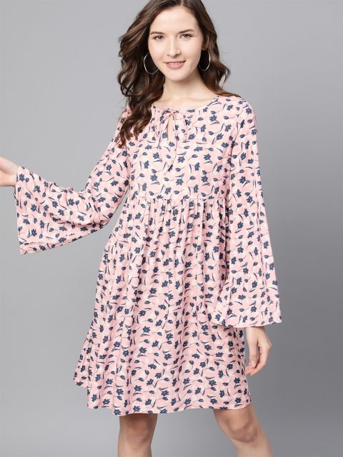 

Mast & Harbour Women Pink & Navy Floral Print A-Line Sustainable Dress