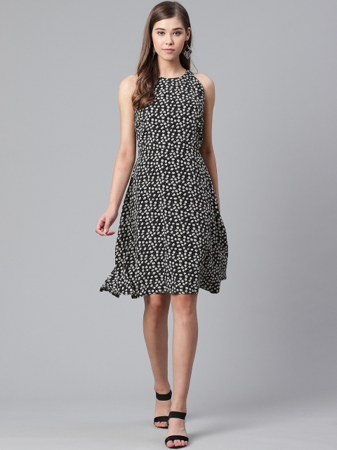 

Mast & Harbour Women Black & Off-White Printed Asymmetrical Hem A-Line Dress