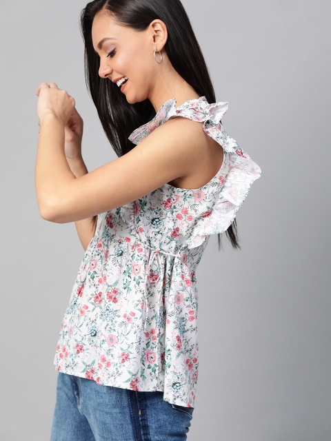 

Mast & Harbour Women White & Pink Floral Print Cinched Waist Sustainable Top