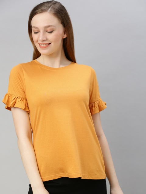 

Mast & Harbour Women Mustard Yellow Solid Sustainable Top With Ruffle Sleeve