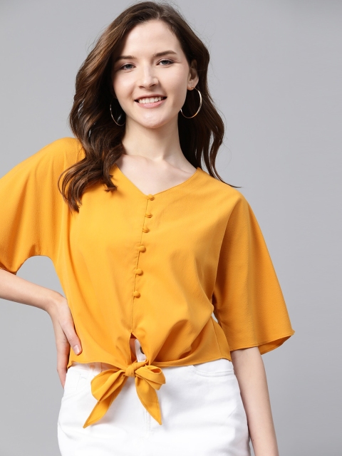 

Mast & Harbour Sustainable ECOVERO Women Mustard Yellow Solid Front Knot Boxy Top