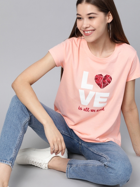 

Mast & Harbour Women Peach-Coloured & White Printed Round Neck T-shirt