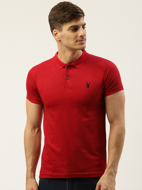 

PORTBLAIR Men Red Self Design Polo Collar T-shirt