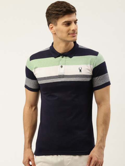 

PORTBLAIR Men Navy Blue & Green Striped Polo Collar T-shirt