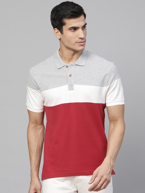 

Marks Spencer Men Grey Melange Red Slim Fit Colourblocked Polo Collar Pure Cotton T-shirt