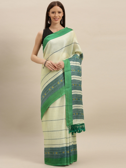 

VASTRANAND Off-White & Green Jute Silk Striped Saree