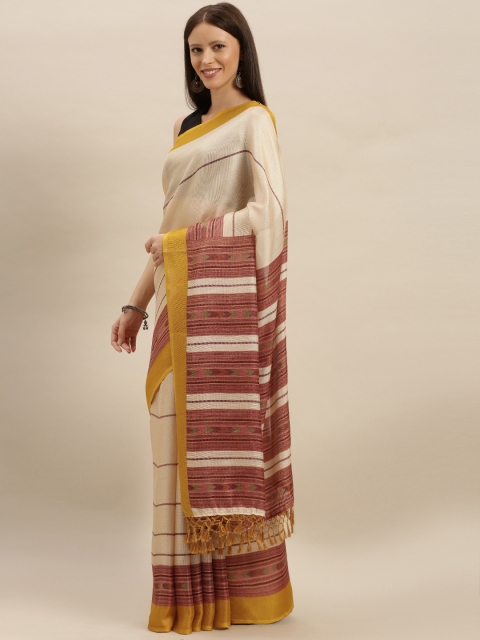 

VASTRANAND Cream-Coloured & Brown Jute Silk Striped Saree
