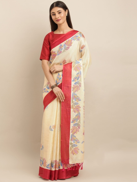 

VASTRANAND Cream-Coloured & Pink Jute Silk Printed Ikat Saree