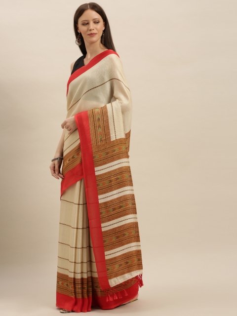 

VASTRANAND Off-White & Brown Jute Silk Striped Saree