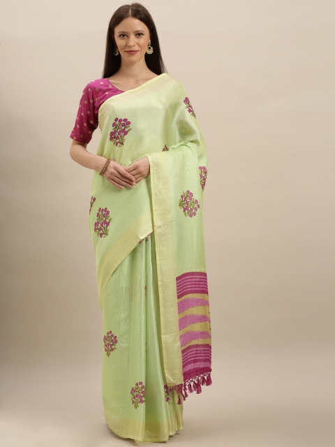 

VASTRANAND Lime Green & Purple Jute Silk Printed Khadi Saree