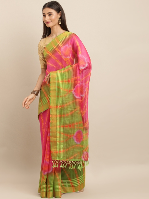 

VASTRANAND Pink & Green Silk Blend Printed Bandhani Saree