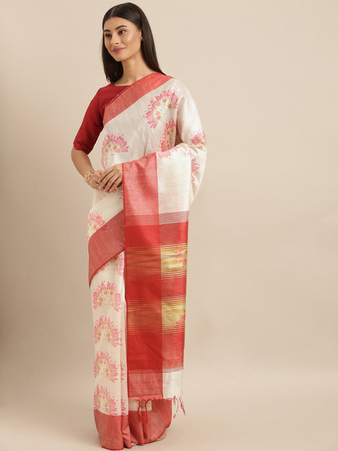 

VASTRANAND White & Red Silk Blend Floral Printed Bhagalpuri Saree